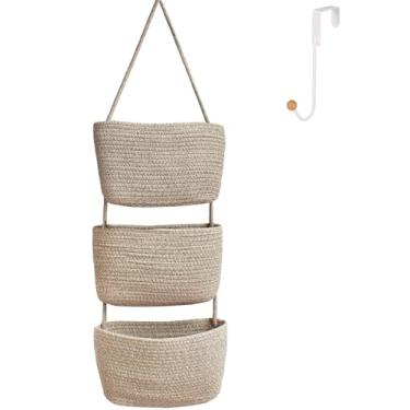 Imagem de ililmmoe Cesta de pendurar sobre a porta para organizar 3 camadas de corda de algodão tecida cesta de armazenamento decorativa de cozinha organizador de pendurar banheiro inclui 1 gancho de porta