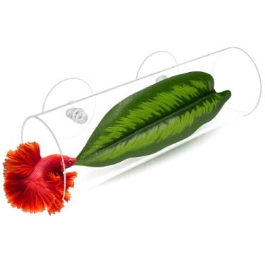 Imagem de BaoZqua Túnel de rede Betta de acrílico, acessórios para tanque de peixes Betta e decoração de túnel de aquário, esconderijo de aquário com rede macia de folhas falsas, ponto de descanso de cama beta