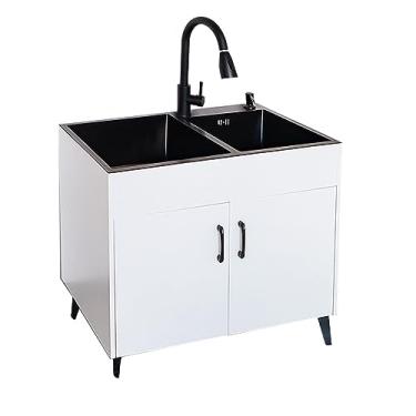 Imagem de TRGCJGH Conjunto de penteadeira de banheiro com pia para espaço pequeno, armário de banheiro, pia de aço inoxidável com 2 portas de fechamento macias (750 x 410 mm/29,5 x 16,2 cm, branca)