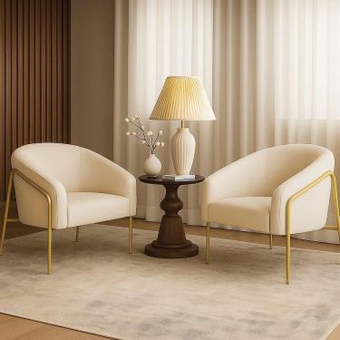 Imagem de Poltrona Sala Industrial Alta Dourado Kit 2 Stella Linho Bege D03 - D`rossi