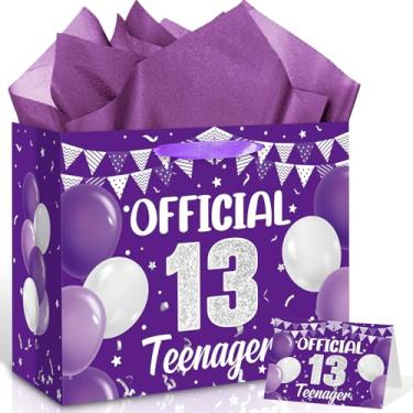 Imagem de Bolsa de presente de feliz aniversário de 13 anos para meninas, oficial, 13 adolescentes, roxo, prata, saco de embrulho de 13 anos com alça, papel de seda, cartão de felicitações para lembrancinhas de