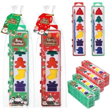 Imagem de Watersay Pacote com 24 conjunto de tintas para aquarela Merry Christmas, a granel, 6 cores, lavável, tinta de água com pincel, cartão de presente para Natal, férias, sala de aula, troca, presentes