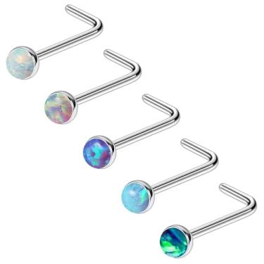 Imagem de Ruifan Anéis de nariz ASTM F136 de titânio 18 G, 20 G, 22 g, cor mista, redondo, opala para nariz, parafuso, em forma de L, joia de piercing corporal hipoalergênica para mulheres 1,5 mm, 2 mm, 2,5 mm