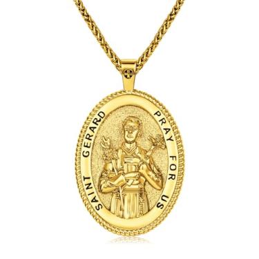 Imagem de Colar de medalhão oval de São Miguel, cobre banhado a ouro, pingente de 5 x 3 cm com corrente de 40 cm + 5 cm, medalha de oração de proteção religiosa, colares com pingente de cruz religiosa com