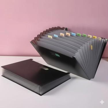 Imagem de Pasta Sanfonada Expansível com 12 Divisórias, Resistente a Água, Preto, Inclui 24 Etiquetas, Grande Capacidade, Organizador de Documentos