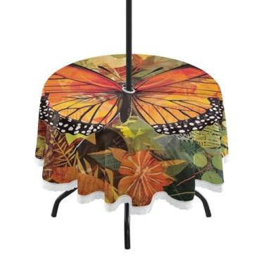 Imagem de Blueangle Toalha de mesa redonda de borboleta laranja impermeável de 152 cm com orifício para guarda-chuva - Tecido resistente à prova de sol para todos os climas para pátio, acampamento, piquenique