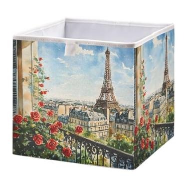 Imagem de SEHANY Caixa de armazenamento dobrável com flores da Torre Eiffel, organizador de tecido grande, dobrável, cestas de armazenamento para roupas, brinquedos, livros, armário, berçário, 40 x 27 x 17 cm