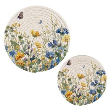 Imagem de Blueangle 2 peças de suporte de panela de tripé de flores silvestres com borboletas - conjunto de pegadores de panela de tecido redondo - almofadas quentes trançadas de algodão - porta-copos - tapetes