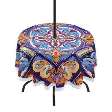 Imagem de ATTX Toalha de mesa redonda mexicana de cerâmica ao ar livre – 152 cm, impermeável, à prova de derramamento, uso interno/externo, com orifício para guarda-chuva com zíper para acampamento, piquenique