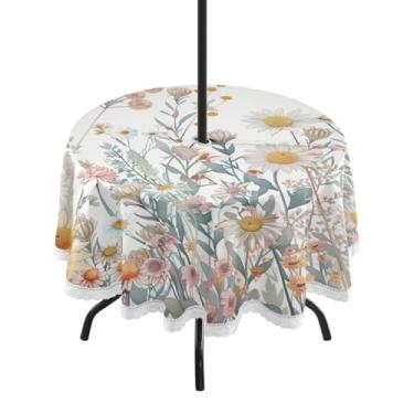 Imagem de ATTX Toalha de mesa redonda com flores de ervas - 152 cm, impermeável, à prova de derramamento, uso interno/externo, com orifício para guarda-chuva com zíper para acampamento, piquenique, praia, festa