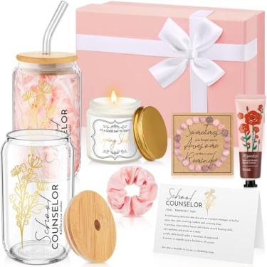 Imagem de Teenyyou Caixa de presente de agradecimento de conselheiro escolar de Natal, 10 peças, com copo de vidro, pulseira de vela, creme para as mãos, elásticos de cabelo para a semana internacional de