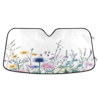 Imagem de ATTX Aquarela flores silvestres pára-brisa carro pára-brisa 144.8 cm x 80.0 cm escudo solar universal com proteção UV, persiana de janela frontal automática dobrável para sedãs SUVs caminhões #308