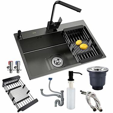 Imagem de Pia de cozinha de aço inoxidável com triturador de lixo, estação de trabalho de pia de preparação, pia de aço inoxidável com torneira com tubo de drenagem + filtro e kit de pia de cozinha feito à mão