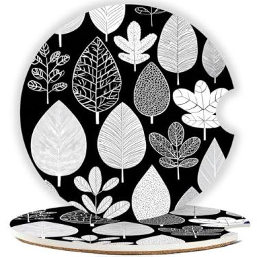 Imagem de Mengduxd Conjunto de porta-copos de carro, porta-copos de cerâmica de 2,56 cm, suporte de cortiça resistente a arranhões, design de ranhura de dedo para fácil colocação, unissex (folhas pretas)