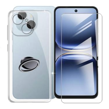 Imagem de KJYFOANI Capa para Tecno Spark 40C (16.9 cm), [1 x película protetora de vidro temperado], capa de TPU à prova de choque, com [suporte de anel de rotação] Capa para celular - Transparente