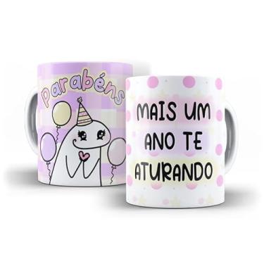 Imagem de Caneca Decorativa Parabéns Amiga, Porcelana, Design Listrado Pastel, Tema Aniversário com Bolo e Ilustração Fofa, 325ml (17202)