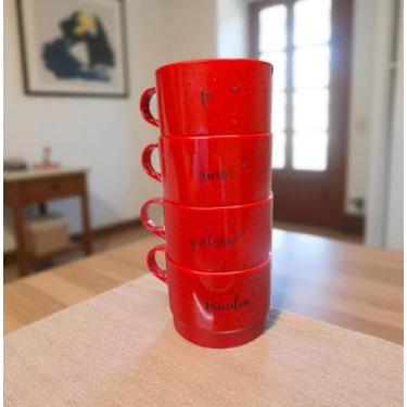 Imagem de Conjunto com 4 Xícaras de Acrílico Empilháveis com Frases, 200 ml, Polka Dots, Fé Amor Família Gratidão (Vermelho)