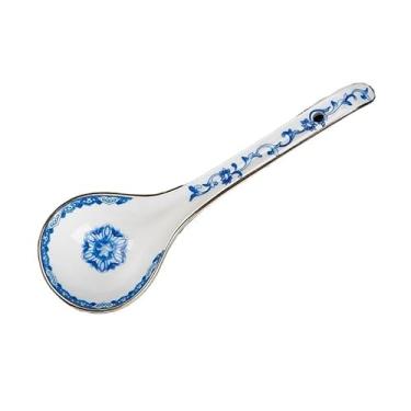 Imagem de Concha de sopa Colher de sopa cerâmica chinesa com cabo longo, colher esmaltada porcelana, pequena para, arroz, ramen, cereais, 1 peça(Blue)