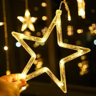 Imagem de Cascata com 138 LED Formato em Estrela 8 Funções de Pisca para Cortina de luz para decorações de Natal 2,5 Metros Branco Quente (110, Volts)