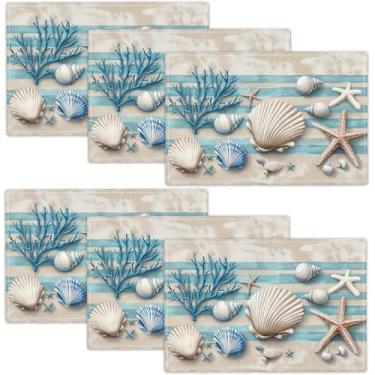 Imagem de Jogo americano de verão com concha de mar, conjunto de 6, tapetes de mesa de jantar rústicos de verão oceano, jogo americano lavável para cozinha, sala de jantar, 45 cm x 30 cm