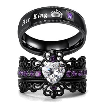 Imagem de Ringcrown Anéis para casais banhados a preto coração azul zircônia cúbica conjunto de anéis de casamento feminino coroa anel de titânio masculino alianças de casamento (compre 2 anéis para 1 par), men size 8, Metal Cristal Metal Cristal Strass, Zircônia cúbica