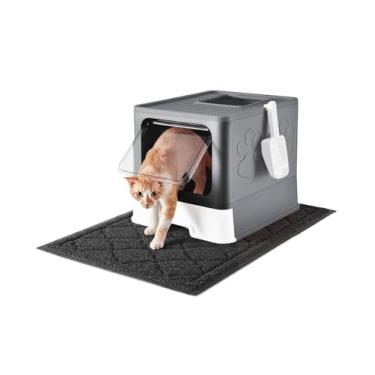 Imagem de Medario Caixa de areia para gatos com tapete de areia extragrande e pá, grande caixa de areia dobrável com tampa, caixa de gatinho fechada, saída de entrada superior frontal, controle de odor fácil de