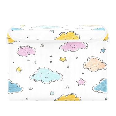 Imagem de Wassud Cestos de armazenamento dobráveis com tampas, rabiscos, nuvens e estrelas, cestas organizadoras de tecido dobráveis para armário, casa e decoração sazonal 41,5 x 32,5 x 39,5 cm