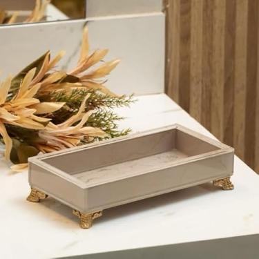 Imagem de Bandeja Vidro P 20x10 Efeito Mármore Bandeja Decorativa Organizadora (ROSE COM DOURADA,COM O PÉ)