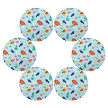 Imagem de Wassud Jogo americano conjunto de 6 caveiras com pássaros tapetes de mesa redondos para cozinha e jantar tapetes laváveis resistentes ao calor decoração de mesa 39 cm