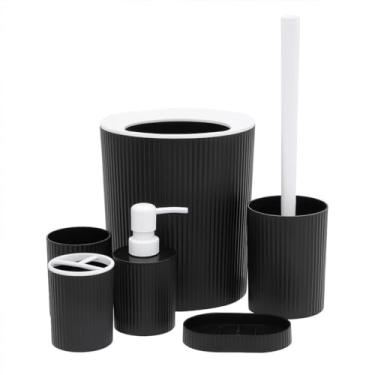 Imagem de Conjunto de Banheiro Moderno, 6 Peças, Preto Fosco com Detalhes Brancos, Kit Completo com Lixeira, Porta-Escova, Dispensador de Sabonete, Saboneteira, Copo e Porta-Escova de Dentes