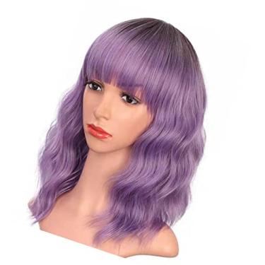 Imagem de Luqeeg Peruca Encaracolada Curta e Encaracolada Artificial Macia Com Franja para Mulheres, Peruca Falsa Respirável para Uso Diário, de Cabelo Sintético de Alta Temperatura para Festas de Natal, 1 Falsa (Roxo)