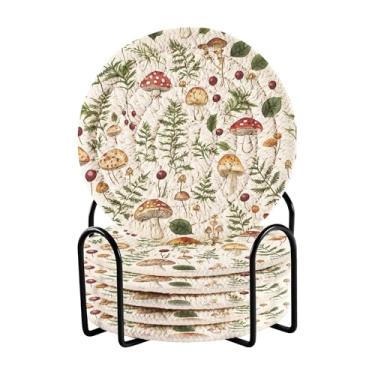 Imagem de SEHANY Conjunto de 6 porta-copos de cogumelos florestais com suporte, porta-copos redondos absorventes de algodão resistente ao calor para mesa de jantar, canecas de café, 10 cm