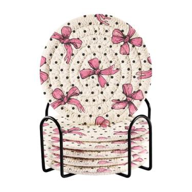 Imagem de SEHANY Conjunto de 6 porta-copos com laço rosa fofo com suporte, porta-copos redondos absorventes de algodão resistente ao calor para mesa de jantar, canecas de café, 10 cm