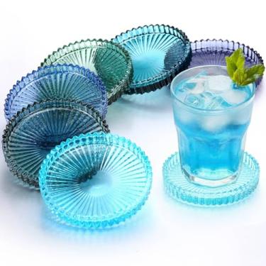 Imagem de Queekay Conjunto de 6 porta-copos de vidro colorido vintage porta-copos de vidro para bebidas decoração de mesa de centro para escritório, cozinha, bar, sala de jantar, sala de estar, pátio (série