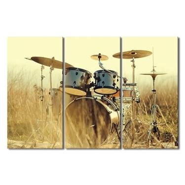 Imagem de Série de música 3 painéis jazz kit de bateria arte de parede banda de rock americano conjunto de bateria no parque gramado impressão em tela para sala de estar quarto sala de jantar decoração de
