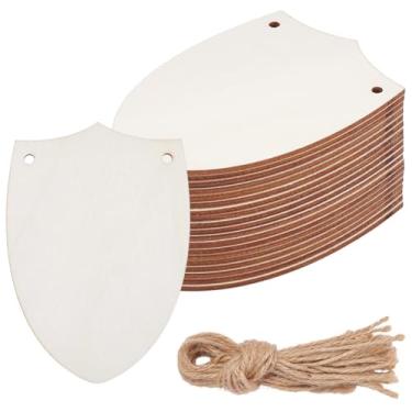 Imagem de SOFPLATE 20 peças escudo recorte de madeira inacabado etiquetas de madeira em branco cavaleiro formas placas penduradas ornamentos conjunto com cordas de juta para artesanato faça você mesmo Halloween
