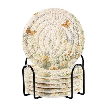 Imagem de SEHANY Elegante conjunto de 6 porta-copos de flores de borboleta com suporte, porta-copos redondos absorventes de algodão resistente ao calor para mesa de jantar, canecas de café, 10 cm