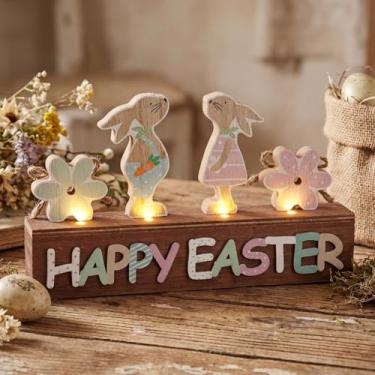 Imagem de Yousoontic Decorações de mesa de madeira de Páscoa felizes decorações de coelho da Páscoa iluminadas para casa coelho vintage mesa centro de mesa decoração rústica de casa de fazenda para casa bandeja