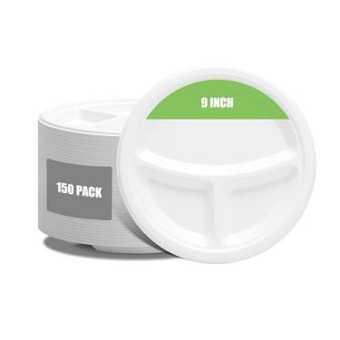 Imagem de YACEYACE Pratos de papel compostáveis 23 cm, prato descartável com 3 compartimentos, pacote com 150 pratos de papel biodegradáveis para casa, festa, piquenique, catering,