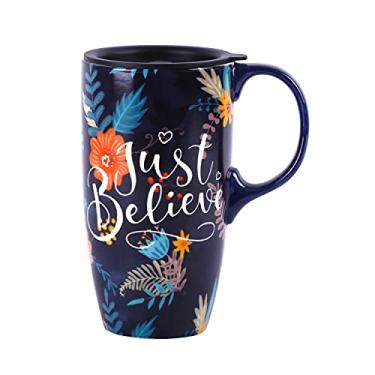 Imagem de Voltogar Caneca de cerâmica copo de café de viagem com tampa presente para casa e escritório, xícara de chá alta de porcelana de 481 g com alça, caneca com padrão artístico Just Believe, 16,5 cm H
