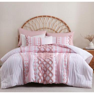 Imagem de Herside Conjunto de edredom boêmio, cama queen em uma bolsa, shabby chique, asteca, rosa ocidental, texturizado, conjunto de edredom e lençol com 7 peças, decoração de casa de fazenda de luxo para