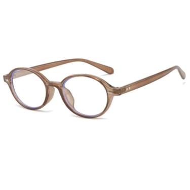 Imagem de Óculos femininos com lentes transparentes e proteção contra luz azul, armação redonda de plástico com detalhes de rebites (marrom).
