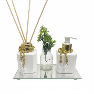 Imagem de Kit Banheiro Plástico 200ml com Difusor Aromatizador e Saboneteira + Bandeja Espelhada e Vaso Decorativo(Branco c/Dourado)