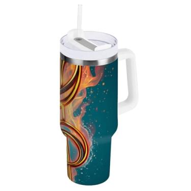 Imagem de ODAWA Copo grande à prova de vazamento, copo isolado de aço inoxidável Flames Music Clef com alça e tampa de canudo
