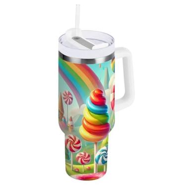 Imagem de Copo com isolamento duplo Candy Land Rainbow com tampa e canudo, copo grande