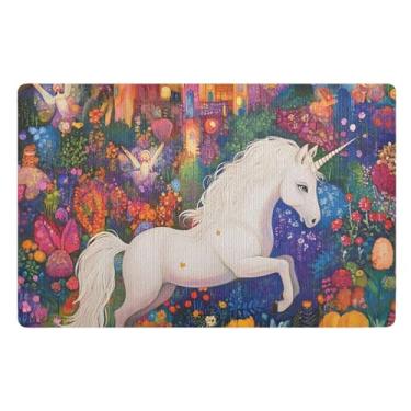 Imagem de ODAWA Tapete de porta frontal para jardim de unicórnio colorido, 81 x 50 cm, tapete antiderrapante, lavável na máquina, decorações de outono para casa