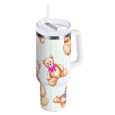 Imagem de ODAWA Copo de café grande para viagem com alça e canudo, copo com isolamento de parede dupla Bears White