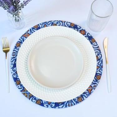 Imagem de Sousplat Allegra Estampado – Kit com 2 Peças, Capa 100% Poliéster com Base em MDF, Ø 35cm (Azulejo)