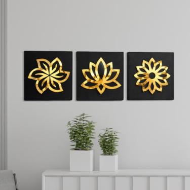 Imagem de Kit 3 Quadros Decorativos para Sala Floral Espelhado Dourado Flor de Lótus