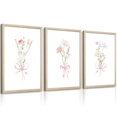 Imagem de Arte de parede com laço de flor de menina coquete rosa floral lona decoração de parede pôster de flores silvestres imagens estéticas de flores rosas suaves impressões florais fofas para quarto de